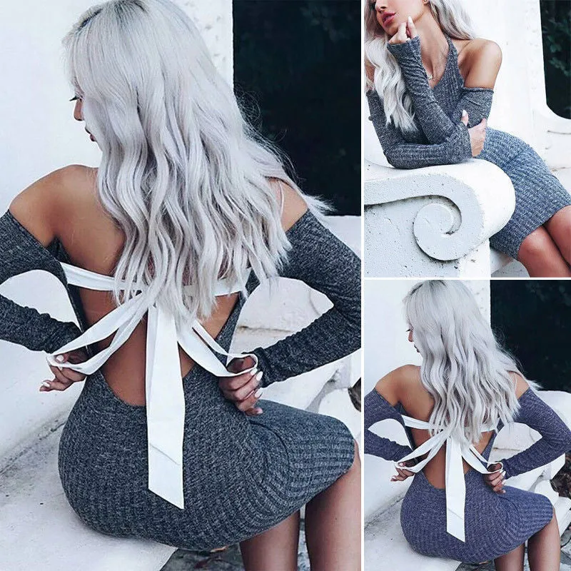 Pure Color Long Sleeves V-neck Backless Long Split Sweater