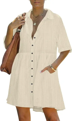 PYGFEMR Women's Short Sleeve Babydoll Dress Button Down Dresses with Pockets
