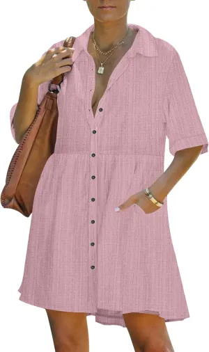 PYGFEMR Women's Short Sleeve Babydoll Dress Button Down Dresses with Pockets