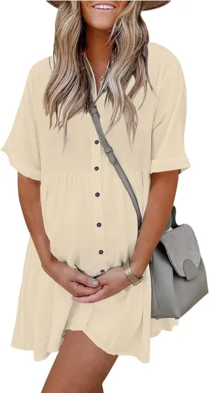 PYGFEMR Women's Short Sleeve Babydoll Dress Button Down Dresses with Pockets