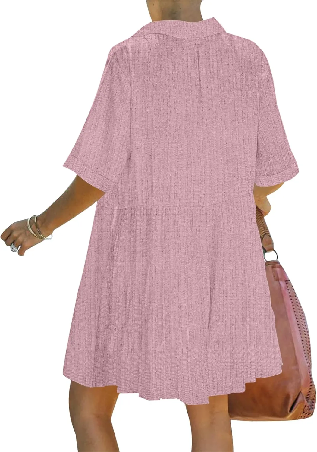 PYGFEMR Women's Short Sleeve Babydoll Dress Button Down Dresses with Pockets