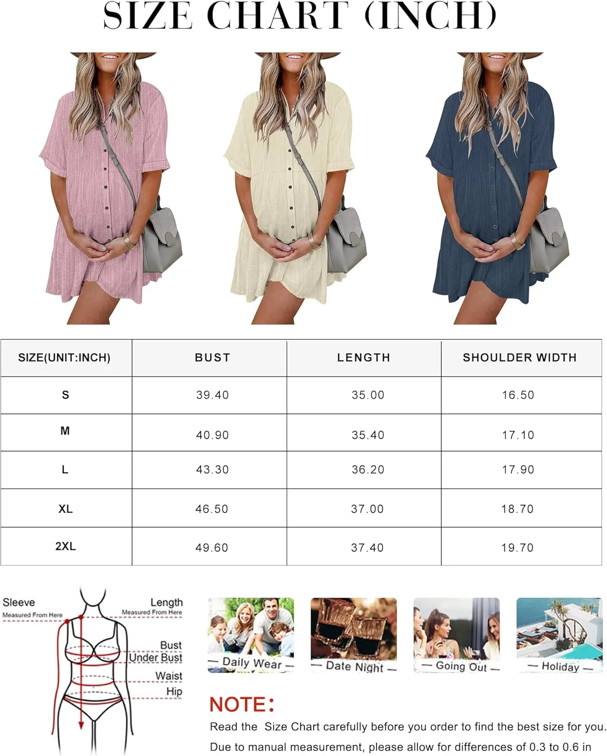 PYGFEMR Women's Short Sleeve Babydoll Dress Button Down Dresses with Pockets