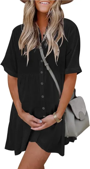 PYGFEMR Women's Short Sleeve Babydoll Dress Button Down Dresses with Pockets