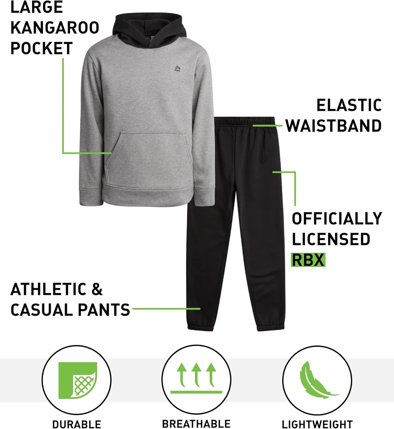 RBX Boys' Active Sweatsuit Set - 2 Piece Performance Fleece Pullover Hoodie Sweatshirt and Jogger Sweatpants (Sizes: 2T-12)