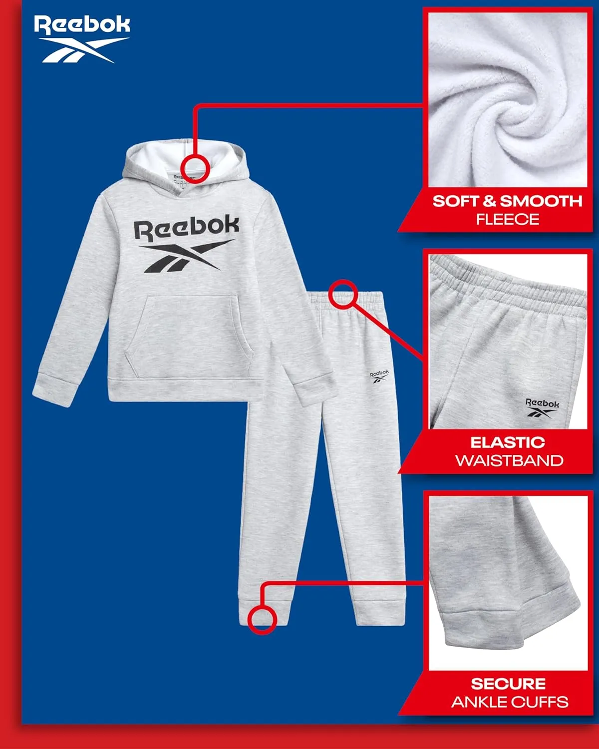 Reebok Toddler Boys' Sweatsuit Set - 2 Piece Active Fleece Hoodie Sweatshirt and Jogger Sweatpants Set for Boys (Sizes: 2T-7)