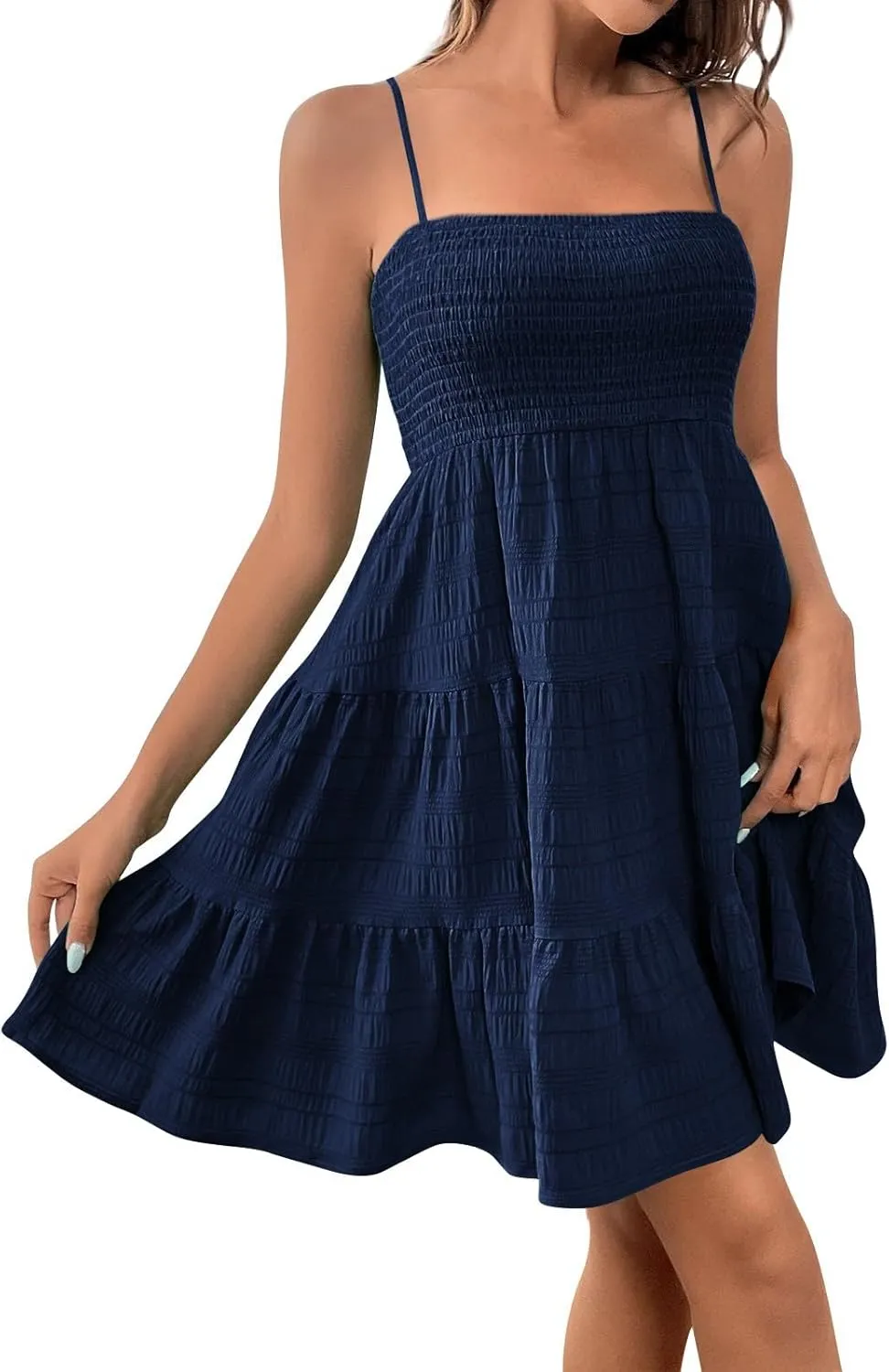 Resort Wear for Women 2025 Beach Vacation Spaghetti Strap Solid Elastic Waist Smocked Ruffle Hem Swing Dress, S-2Xl