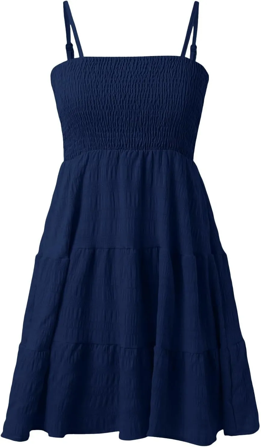 Resort Wear for Women 2025 Beach Vacation Spaghetti Strap Solid Elastic Waist Smocked Ruffle Hem Swing Dress, S-2Xl