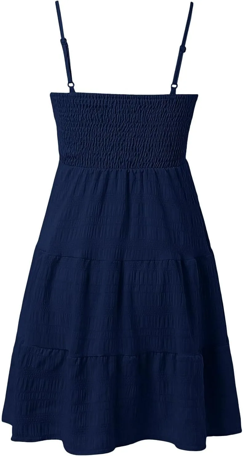 Resort Wear for Women 2025 Beach Vacation Spaghetti Strap Solid Elastic Waist Smocked Ruffle Hem Swing Dress, S-2Xl
