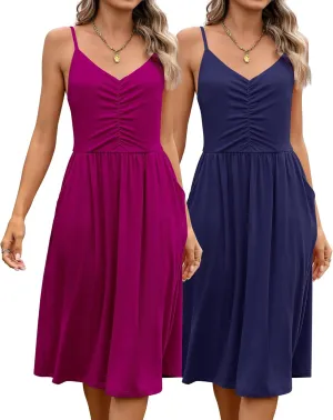 Riyiper 2 Pack Women Spaghetti Strap Dresses Summer Casual Sundresses Pleated Swing Camisole Beach Dresses with Pockets