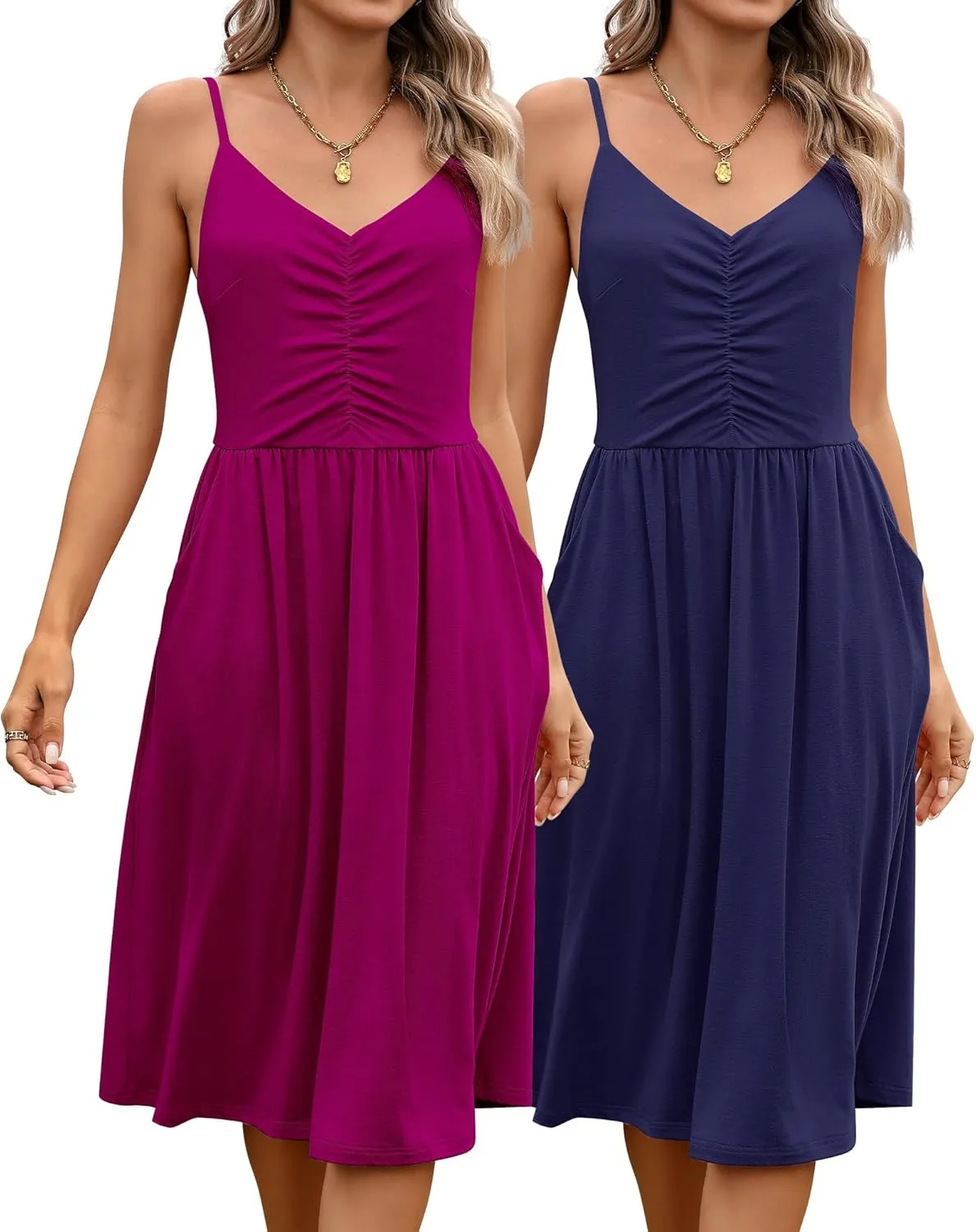 Riyiper 2 Pack Women Spaghetti Strap Dresses Summer Casual Sundresses Pleated Swing Camisole Beach Dresses with Pockets
