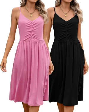 Riyiper 2 Pack Women Spaghetti Strap Dresses Summer Casual Sundresses Pleated Swing Camisole Beach Dresses with Pockets