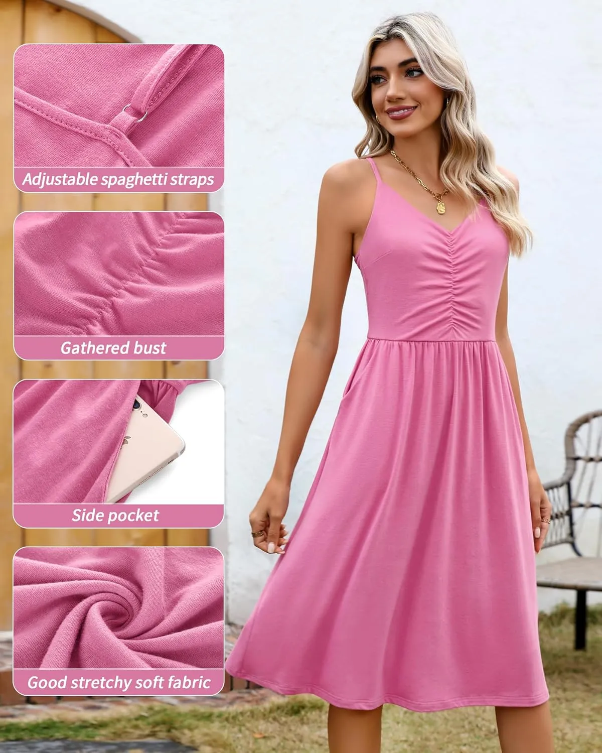 Riyiper 2 Pack Women Spaghetti Strap Dresses Summer Casual Sundresses Pleated Swing Camisole Beach Dresses with Pockets