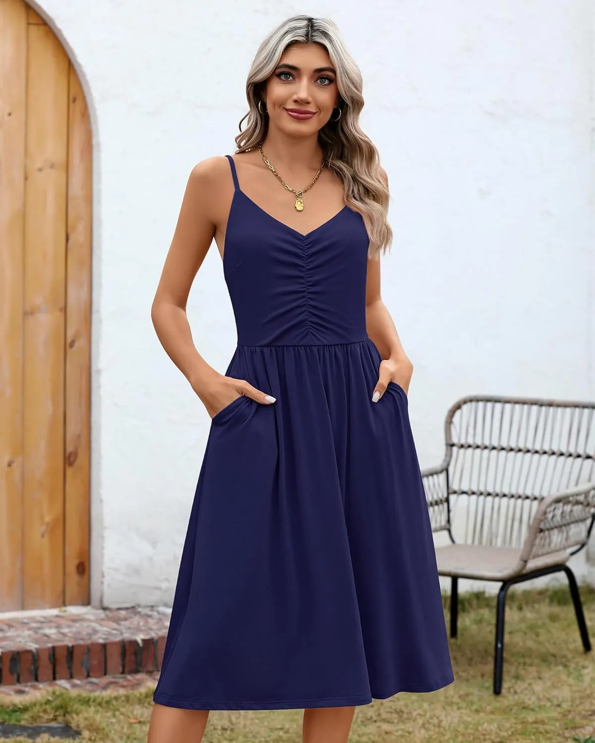 Riyiper 2 Pack Women Spaghetti Strap Dresses Summer Casual Sundresses Pleated Swing Camisole Beach Dresses with Pockets