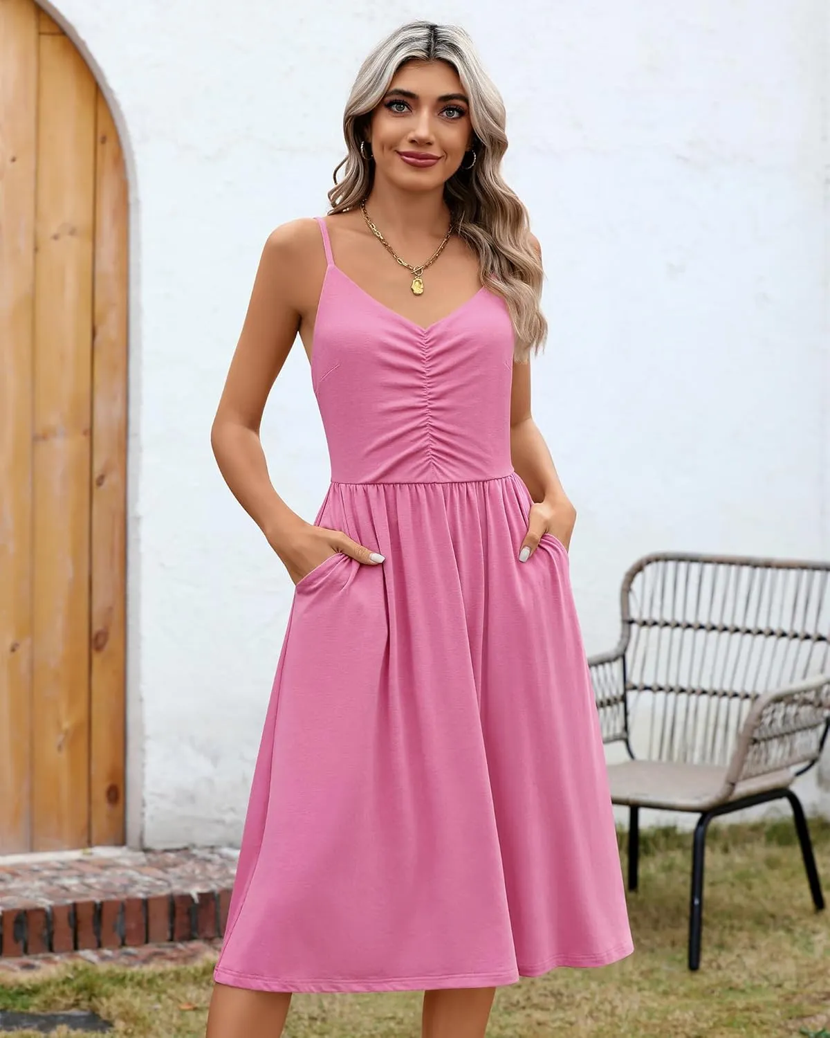 Riyiper 2 Pack Women Spaghetti Strap Dresses Summer Casual Sundresses Pleated Swing Camisole Beach Dresses with Pockets