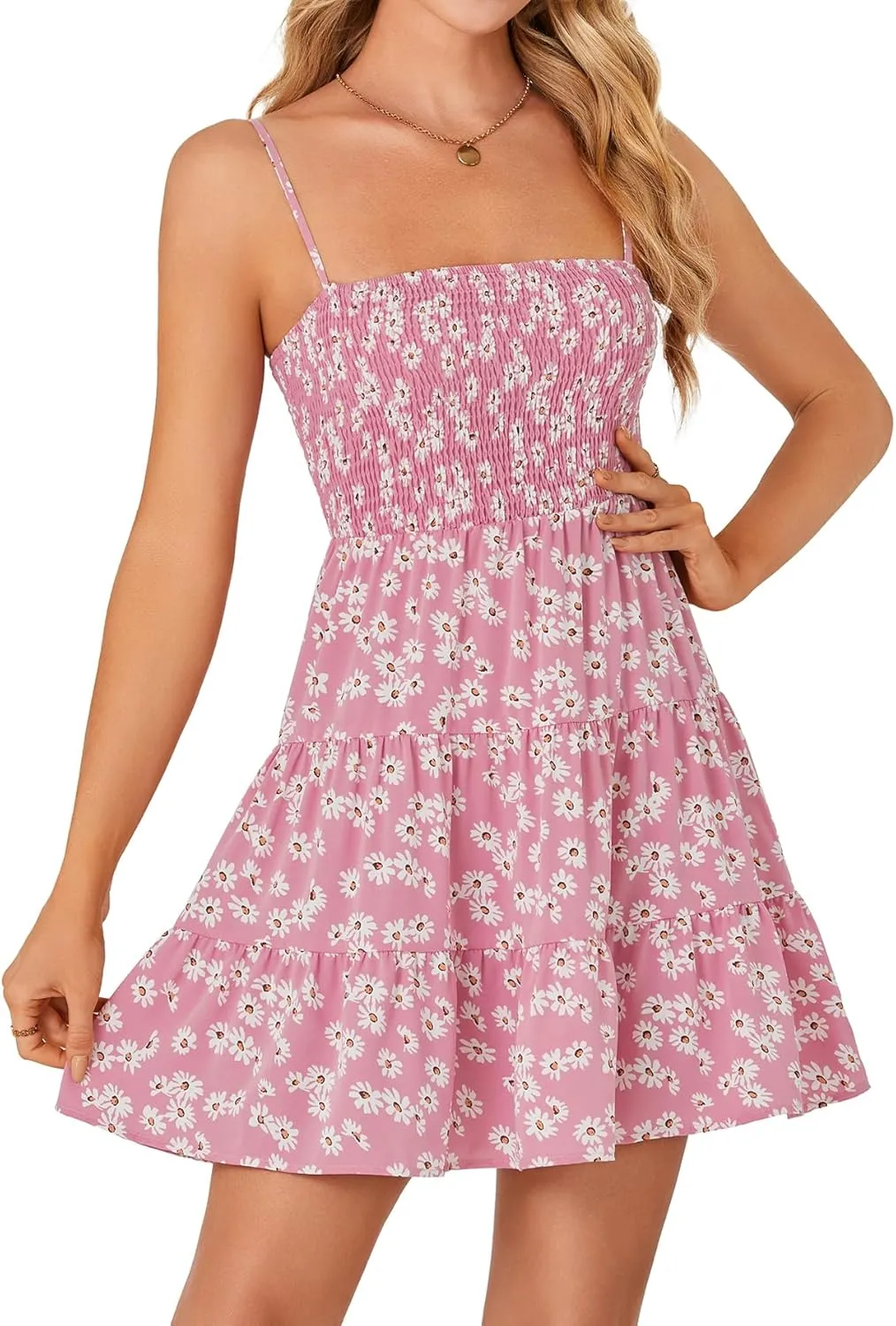 Rooscier Women's Summer Dresses Sleeveless Ruffle Floral Print Beach Boho Mini Sundress