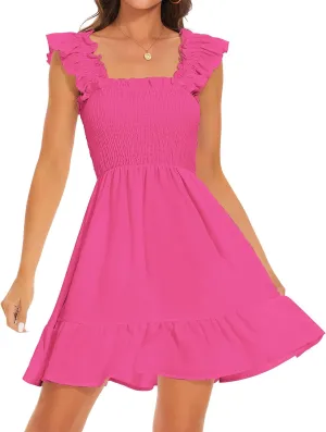 ROYLAMP Women's Smocked Dresses Square Neck Elegant Tiered Boho Ruffle Shoulder Swing Flowy Summer Casual Mini Dress