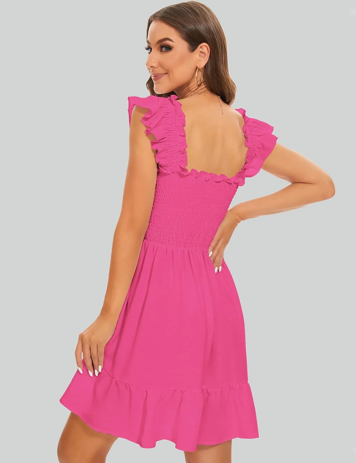 ROYLAMP Women's Smocked Dresses Square Neck Elegant Tiered Boho Ruffle Shoulder Swing Flowy Summer Casual Mini Dress