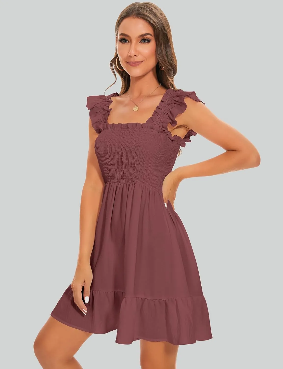 ROYLAMP Women's Smocked Dresses Square Neck Elegant Tiered Boho Ruffle Shoulder Swing Flowy Summer Casual Mini Dress