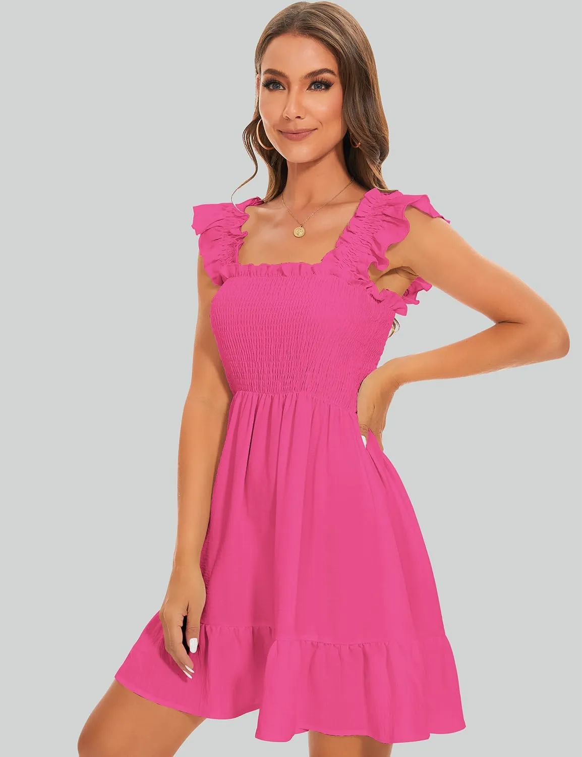 ROYLAMP Women's Smocked Dresses Square Neck Elegant Tiered Boho Ruffle Shoulder Swing Flowy Summer Casual Mini Dress