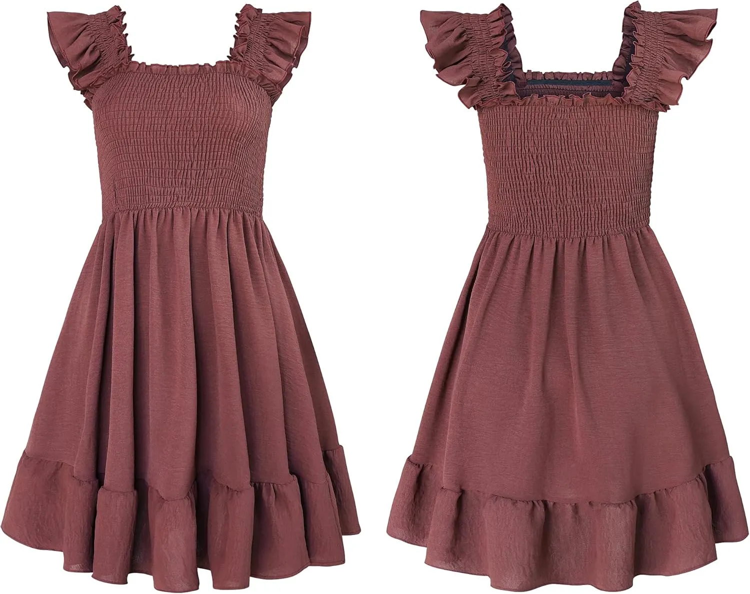 ROYLAMP Women's Smocked Dresses Square Neck Elegant Tiered Boho Ruffle Shoulder Swing Flowy Summer Casual Mini Dress