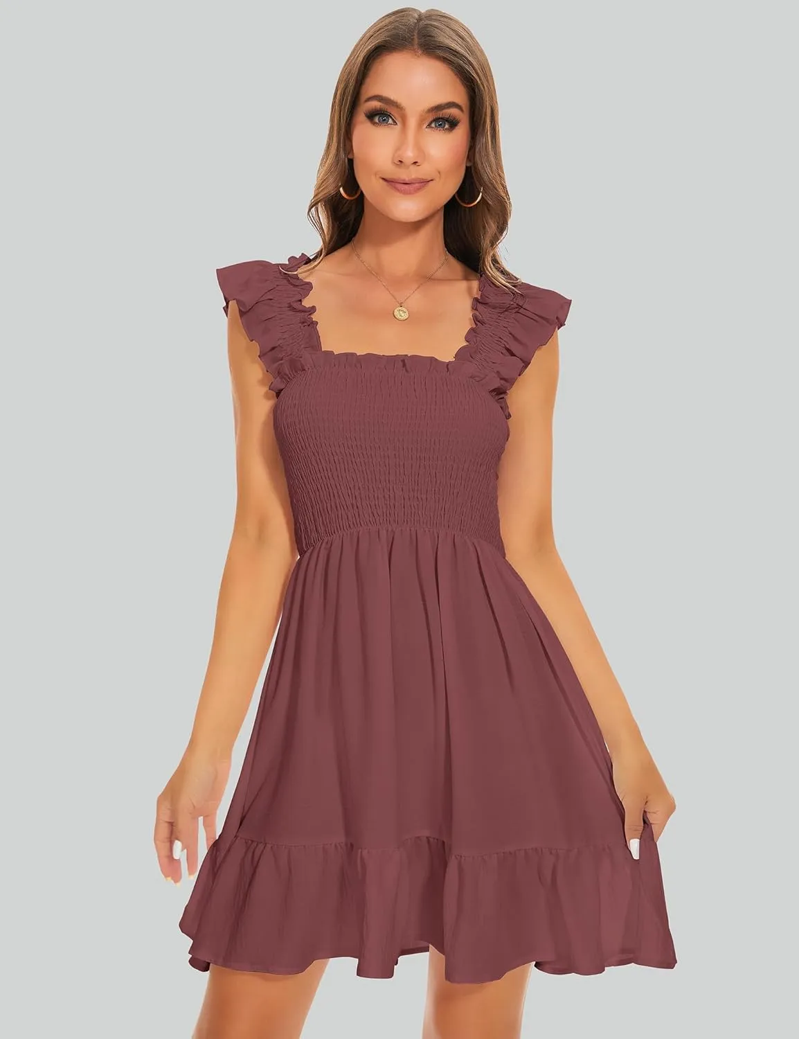 ROYLAMP Women's Smocked Dresses Square Neck Elegant Tiered Boho Ruffle Shoulder Swing Flowy Summer Casual Mini Dress