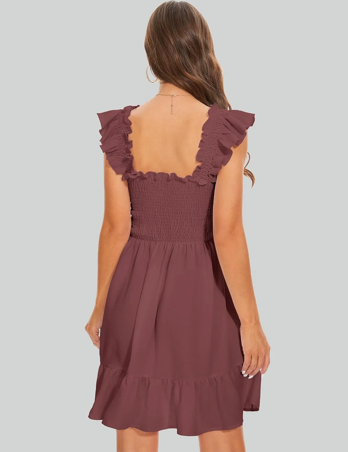 ROYLAMP Women's Smocked Dresses Square Neck Elegant Tiered Boho Ruffle Shoulder Swing Flowy Summer Casual Mini Dress