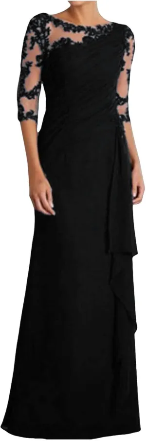 Rvidbe Formal Dresses for Women Wedding Guest Half Sleeve Crew Neck Maxi Evening Dress Chiffon Ruched Lace Ruffle Long Gown