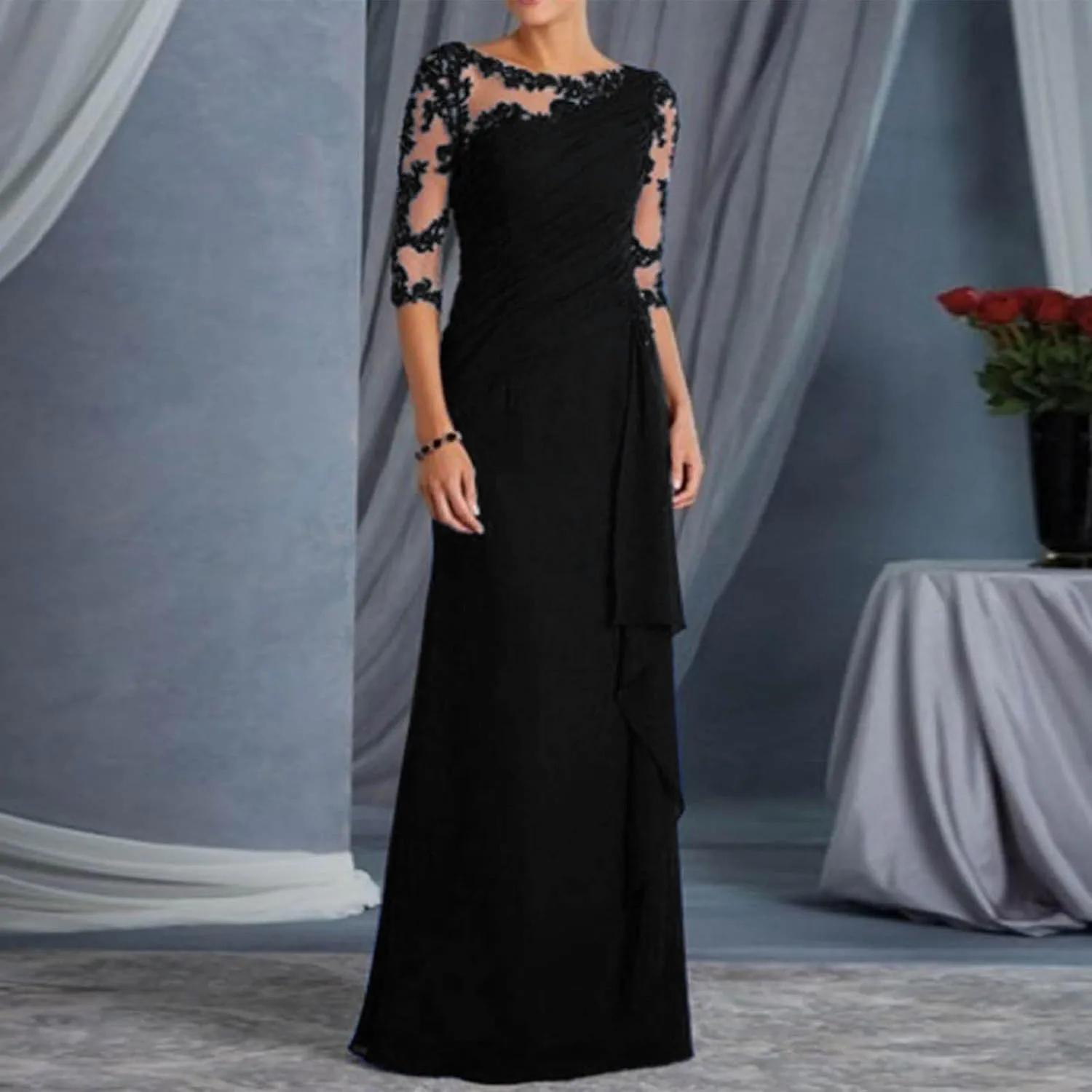 Rvidbe Formal Dresses for Women Wedding Guest Half Sleeve Crew Neck Maxi Evening Dress Chiffon Ruched Lace Ruffle Long Gown