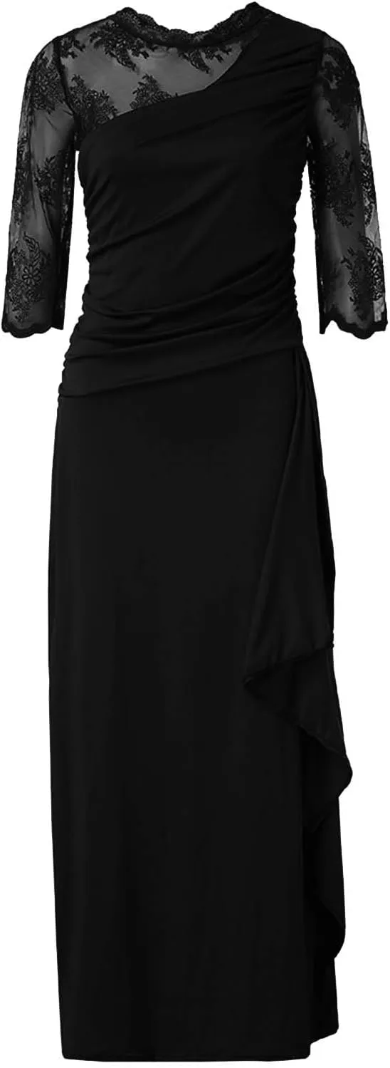Rvidbe Formal Dresses for Women Wedding Guest Half Sleeve Crew Neck Maxi Evening Dress Chiffon Ruched Lace Ruffle Long Gown