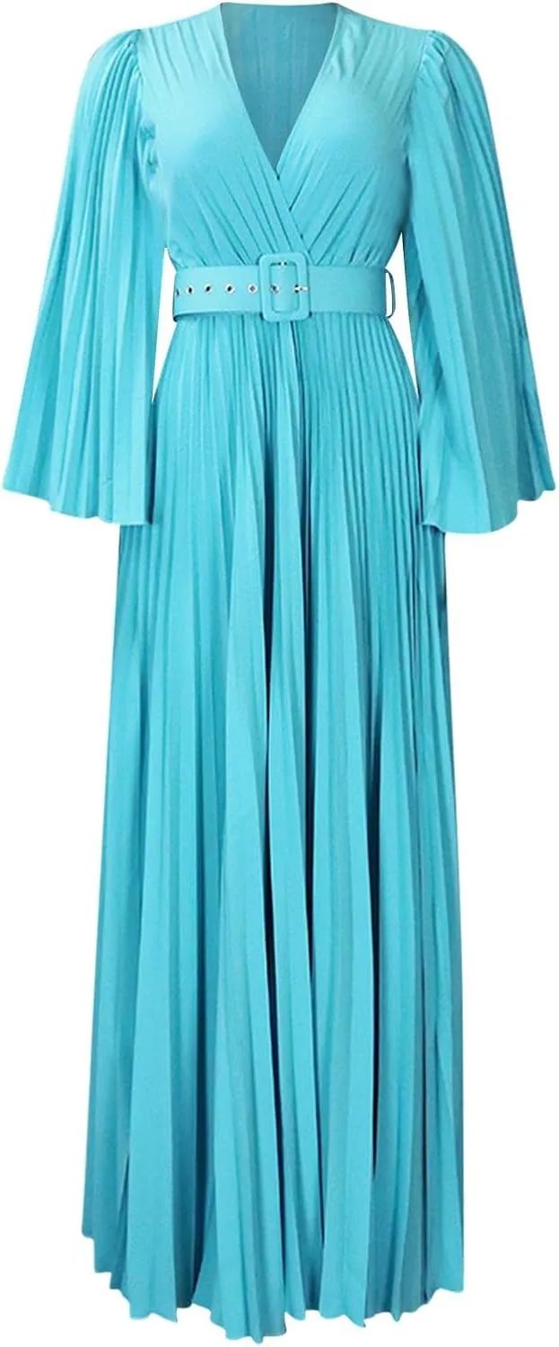 Rvidbe Long Sleeve Bridesmaid Dresses for Women V-Neck Formal Dress Plus Pleated A Line Chiffon Evening Prom Gown with Belt