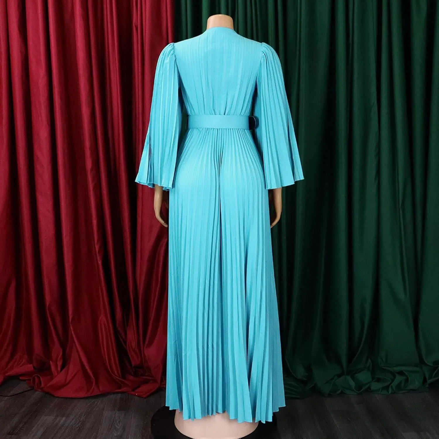 Rvidbe Long Sleeve Bridesmaid Dresses for Women V-Neck Formal Dress Plus Pleated A Line Chiffon Evening Prom Gown with Belt