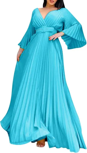 Rvidbe Long Sleeve Bridesmaid Dresses for Women V-Neck Formal Dress Plus Pleated A Line Chiffon Evening Prom Gown with Belt