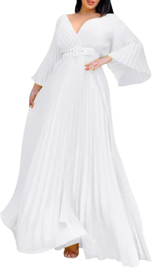 Rvidbe Long Sleeve Bridesmaid Dresses for Women V-Neck Formal Dress Plus Pleated A Line Chiffon Evening Prom Gown with Belt