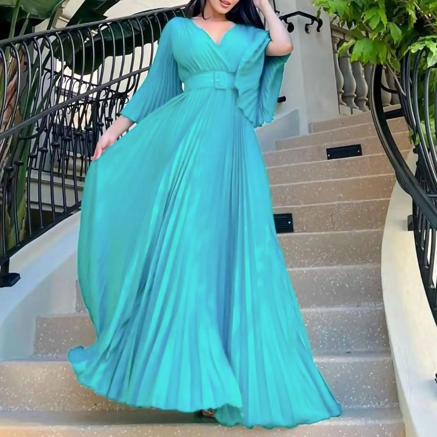 Rvidbe Long Sleeve Bridesmaid Dresses for Women V-Neck Formal Dress Plus Pleated A Line Chiffon Evening Prom Gown with Belt