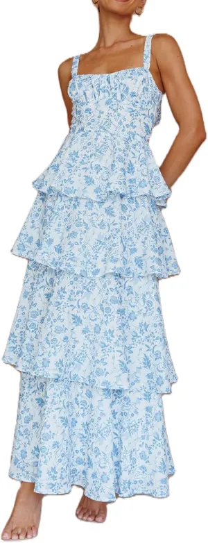 Sastianaen Tiered Ruffle Maxi Dresses Floral Print Spaghetti Strap Sleeveless Flowy Layered Long Dress Holiday Sundress
