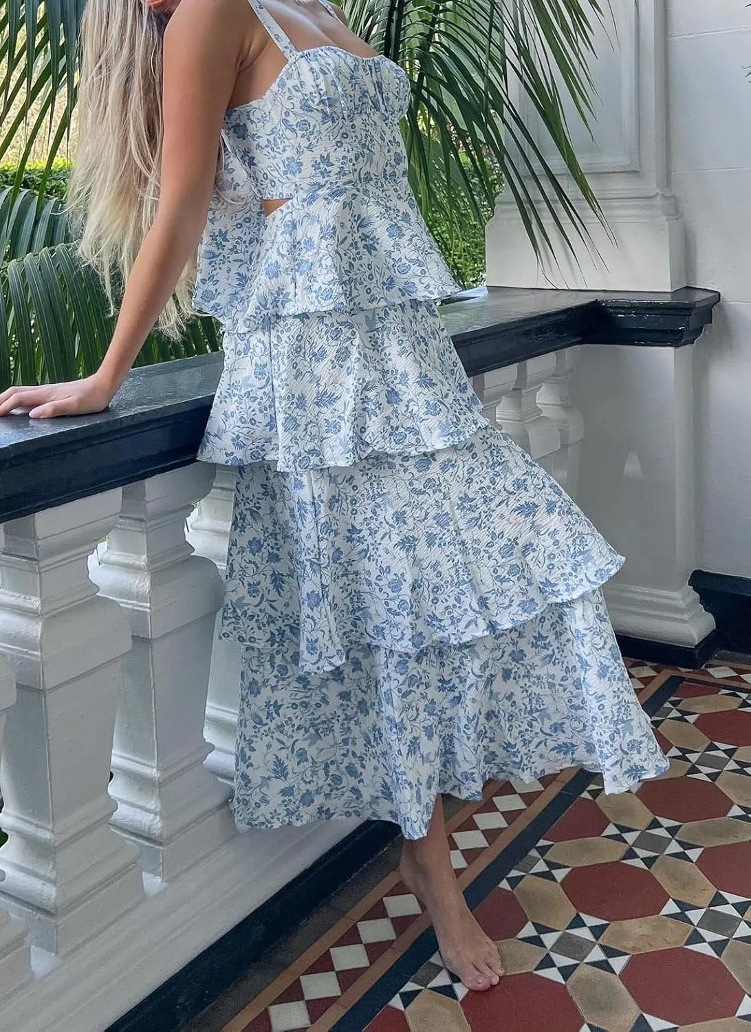 Sastianaen Tiered Ruffle Maxi Dresses Floral Print Spaghetti Strap Sleeveless Flowy Layered Long Dress Holiday Sundress
