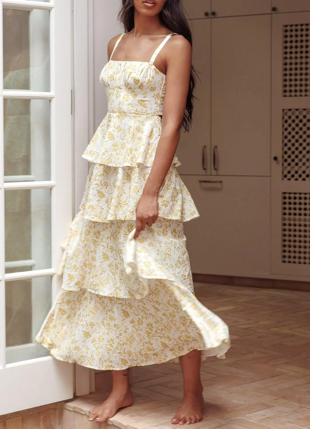 Sastianaen Tiered Ruffle Maxi Dresses Floral Print Spaghetti Strap Sleeveless Flowy Layered Long Dress Holiday Sundress