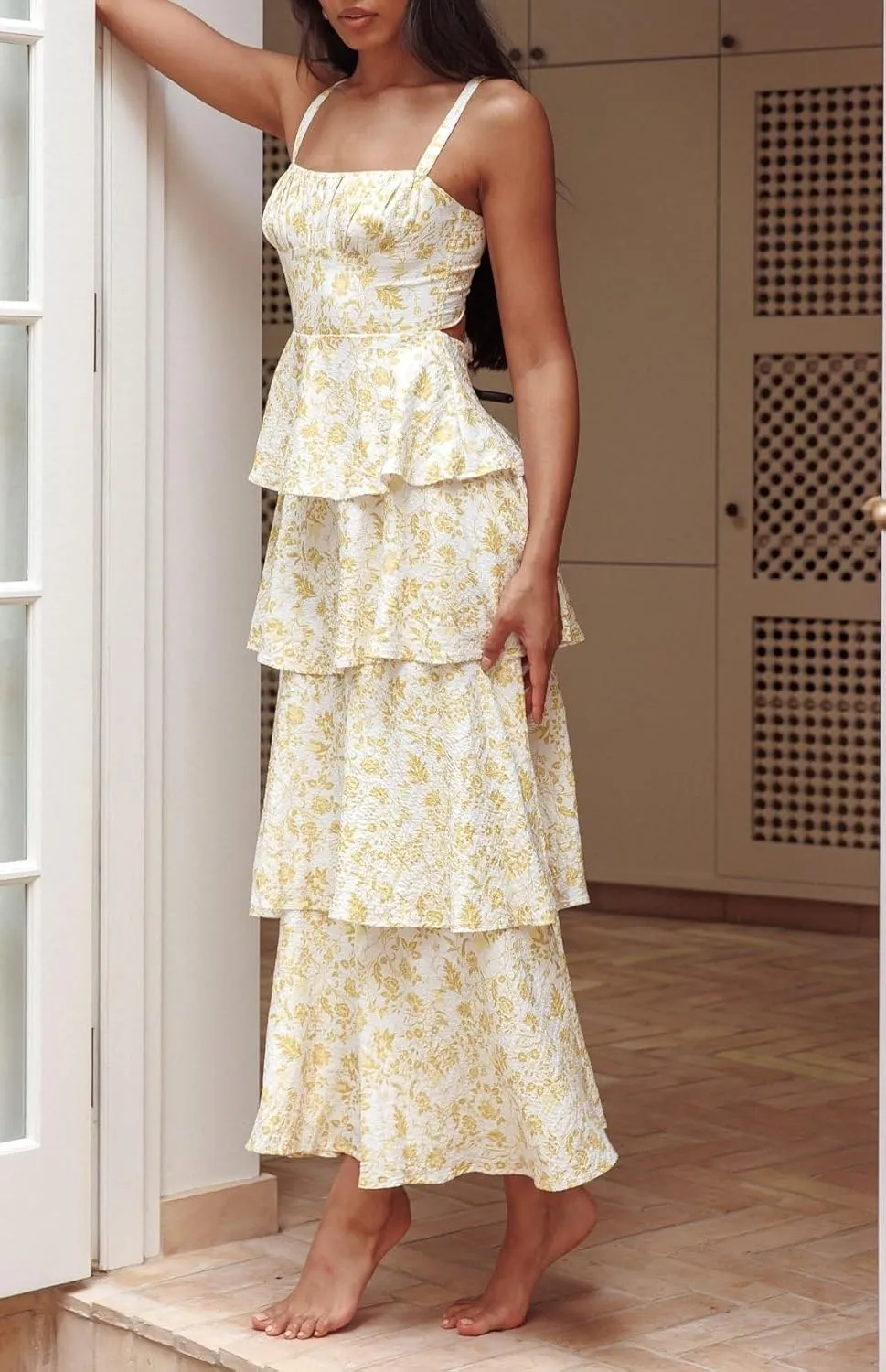 Sastianaen Tiered Ruffle Maxi Dresses Floral Print Spaghetti Strap Sleeveless Flowy Layered Long Dress Holiday Sundress