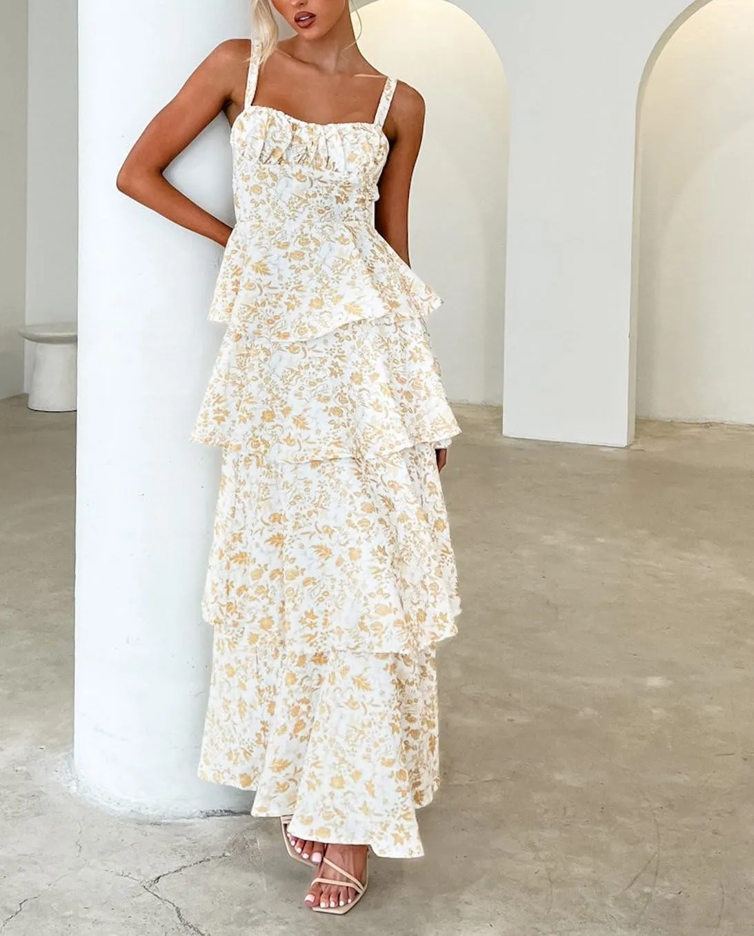 Sastianaen Tiered Ruffle Maxi Dresses Floral Print Spaghetti Strap Sleeveless Flowy Layered Long Dress Holiday Sundress