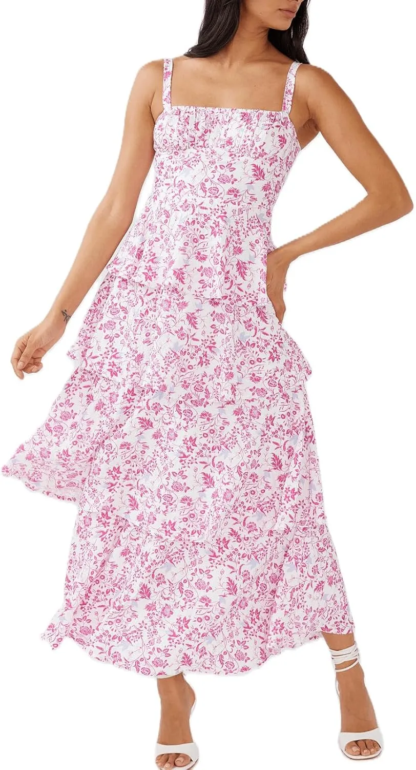 Sastianaen Tiered Ruffle Maxi Dresses Floral Print Spaghetti Strap Sleeveless Flowy Layered Long Dress Holiday Sundress