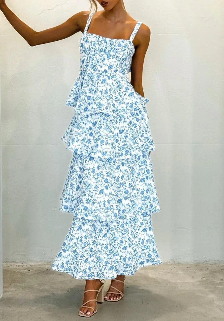 Sastianaen Tiered Ruffle Maxi Dresses Floral Print Spaghetti Strap Sleeveless Flowy Layered Long Dress Holiday Sundress