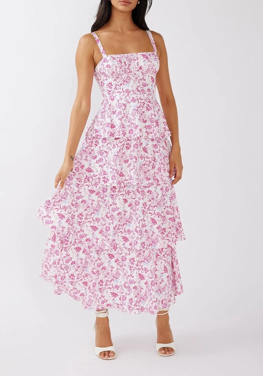Sastianaen Tiered Ruffle Maxi Dresses Floral Print Spaghetti Strap Sleeveless Flowy Layered Long Dress Holiday Sundress