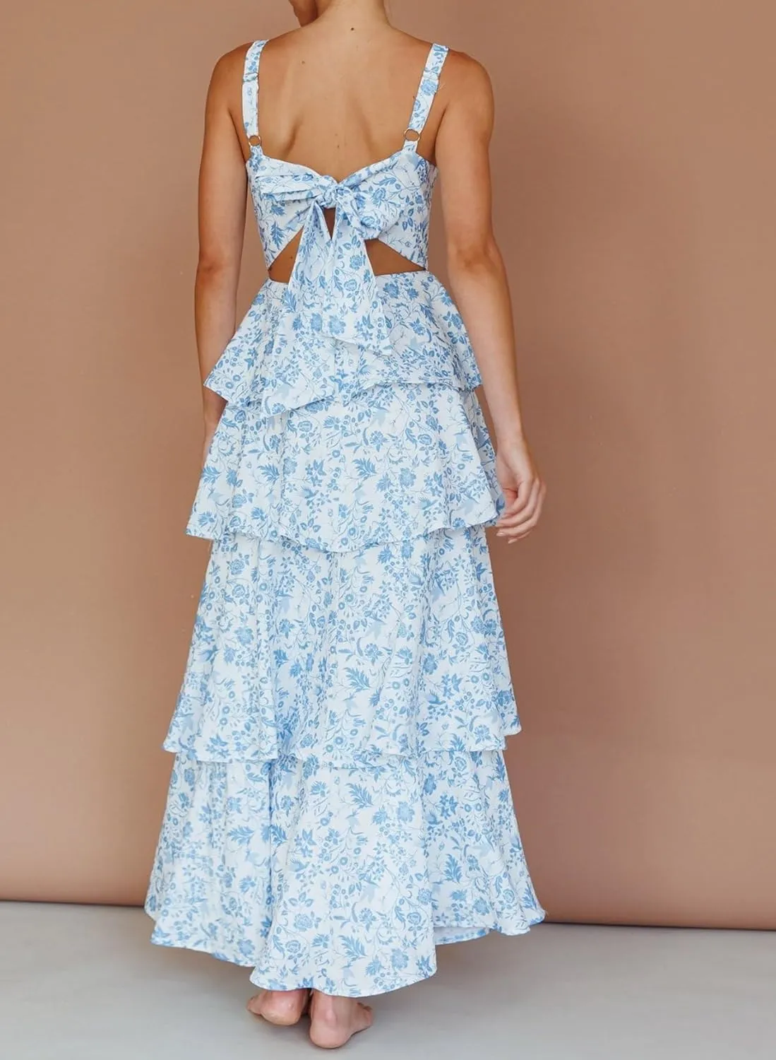 Sastianaen Tiered Ruffle Maxi Dresses Floral Print Spaghetti Strap Sleeveless Flowy Layered Long Dress Holiday Sundress