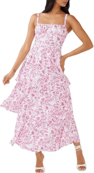 Sastianaen Tiered Ruffle Maxi Dresses Floral Print Spaghetti Strap Sleeveless Flowy Layered Long Dress Holiday Sundress