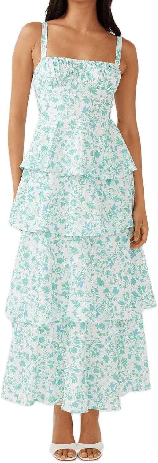 Sastianaen Tiered Ruffle Maxi Dresses Floral Print Spaghetti Strap Sleeveless Flowy Layered Long Dress Holiday Sundress