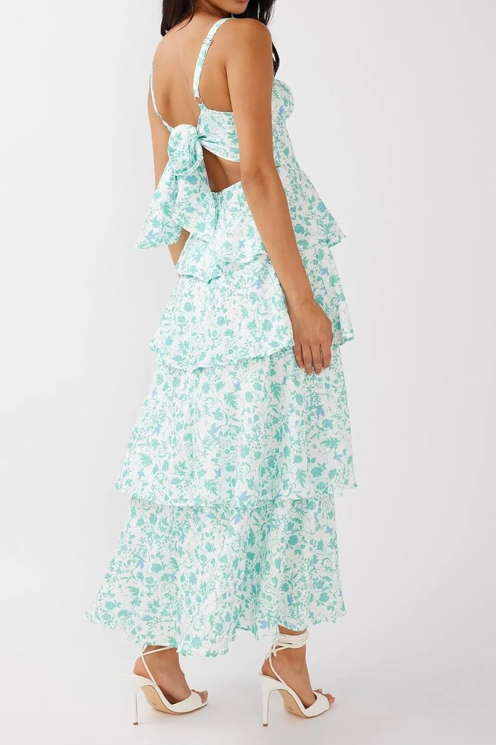 Sastianaen Tiered Ruffle Maxi Dresses Floral Print Spaghetti Strap Sleeveless Flowy Layered Long Dress Holiday Sundress