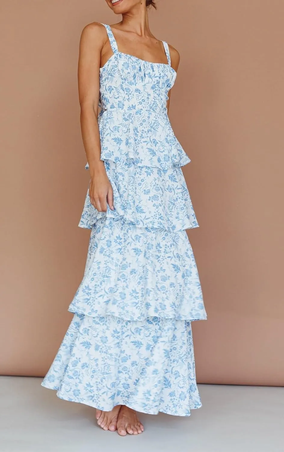 Sastianaen Tiered Ruffle Maxi Dresses Floral Print Spaghetti Strap Sleeveless Flowy Layered Long Dress Holiday Sundress