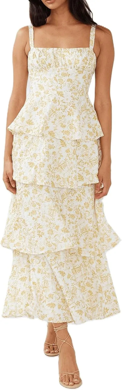 Sastianaen Tiered Ruffle Maxi Dresses Floral Print Spaghetti Strap Sleeveless Flowy Layered Long Dress Holiday Sundress