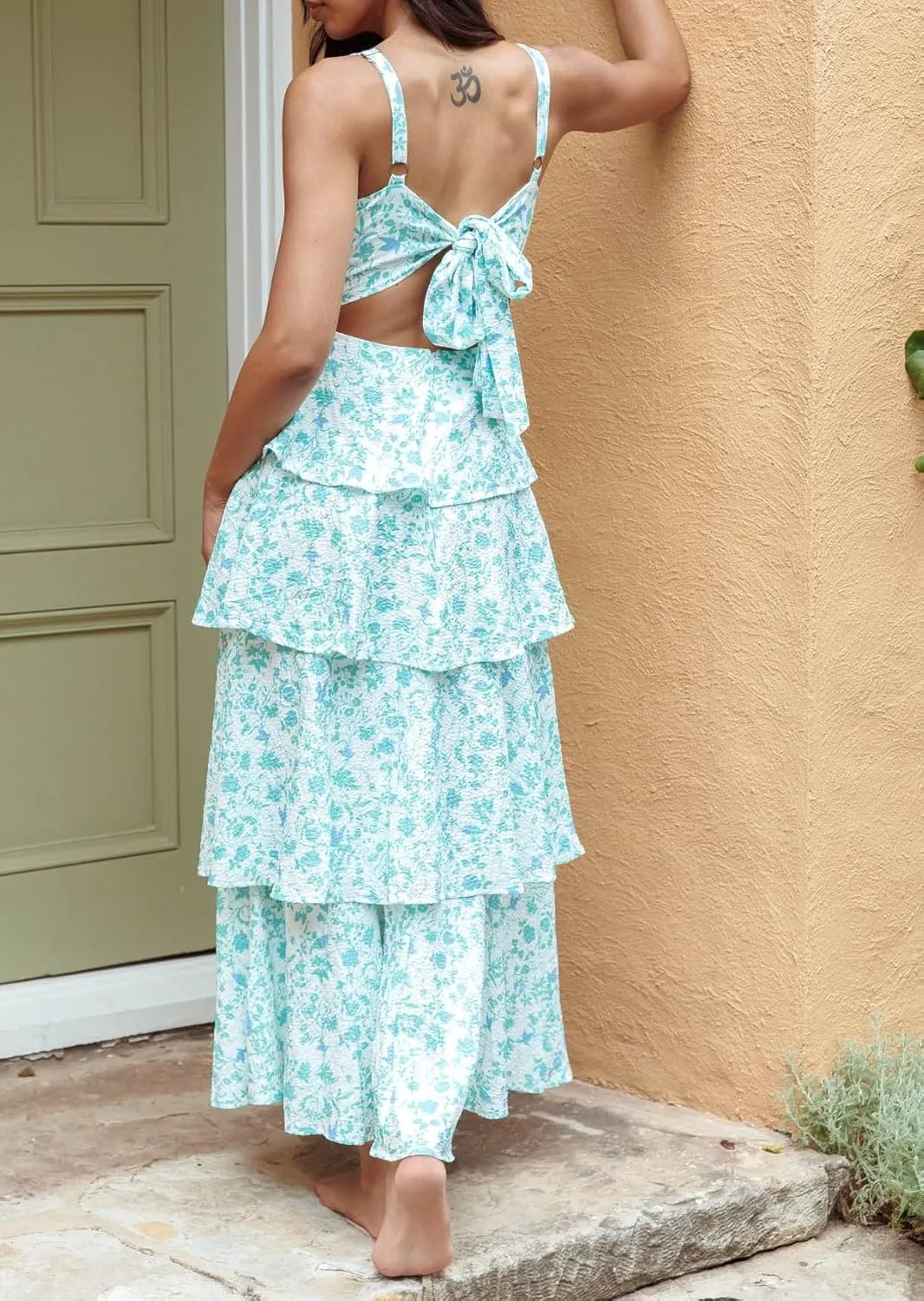 Sastianaen Tiered Ruffle Maxi Dresses Floral Print Spaghetti Strap Sleeveless Flowy Layered Long Dress Holiday Sundress