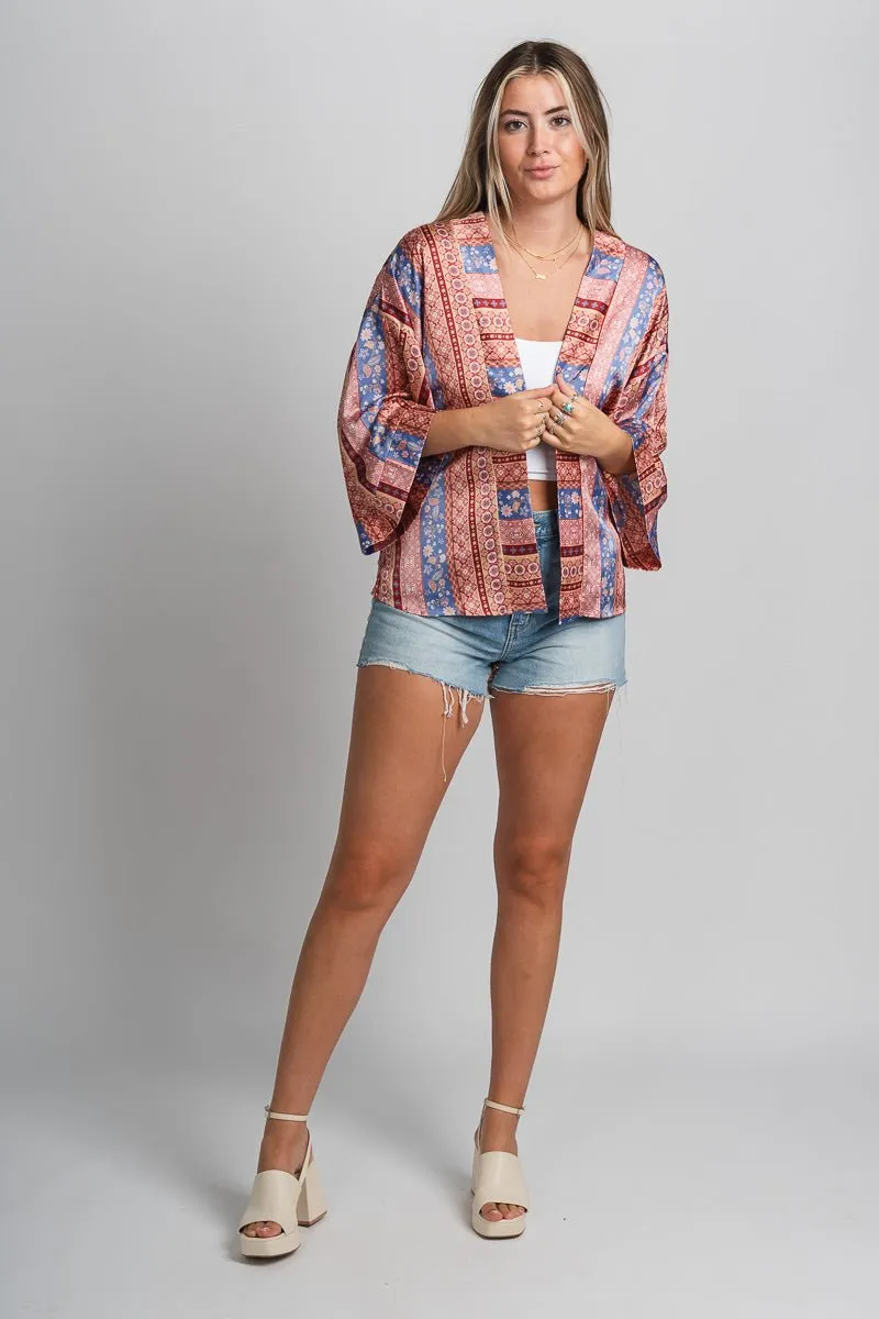 Satin kimono cardigan red/blue